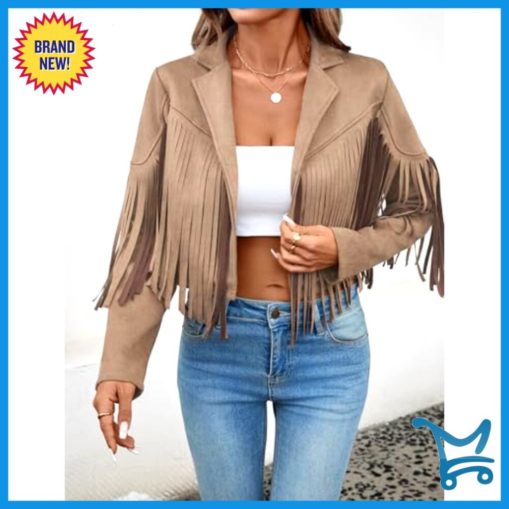 Faux Suede Leather Cropped Jacket with Fringe Tassels Western Style - Picture 3 of 7